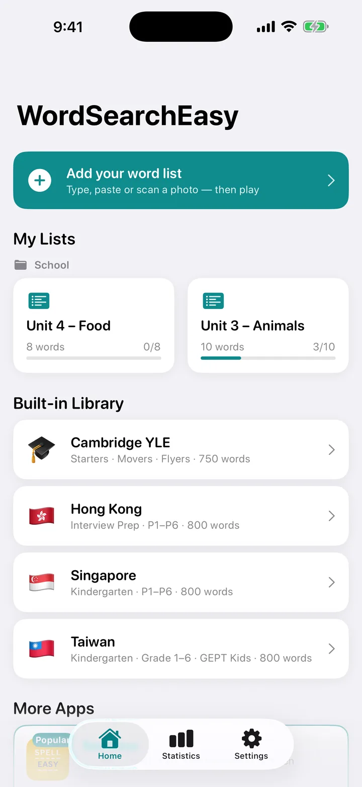 Écran d’accueil de WordSearchEasy avec vos listes et la bibliothèque intégrée