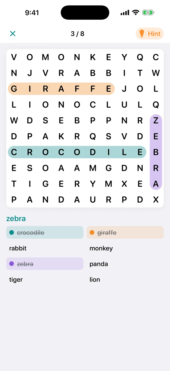 Une grille de mots cachés faite à partir de la liste de l’école, mots trouvés surlignés